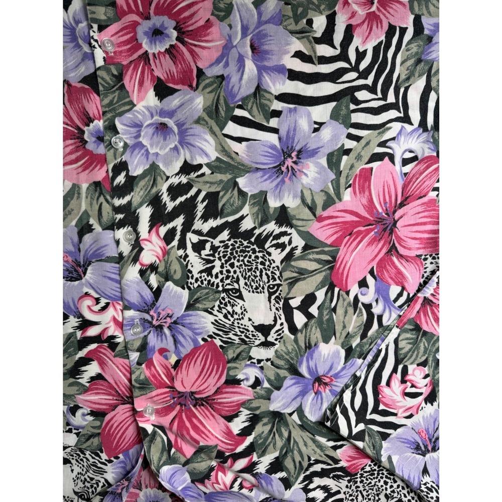 Ms Caribou Vintage Safari Print Floral Blouse 2X Leopard Zebra Tropical Pink 90s - Picture 3 of 9